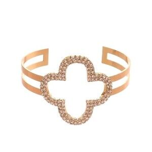 Gold Rhinestone Four Leaf Clover Open Cuff Bangle Bracelet Statement Jewelry NEW